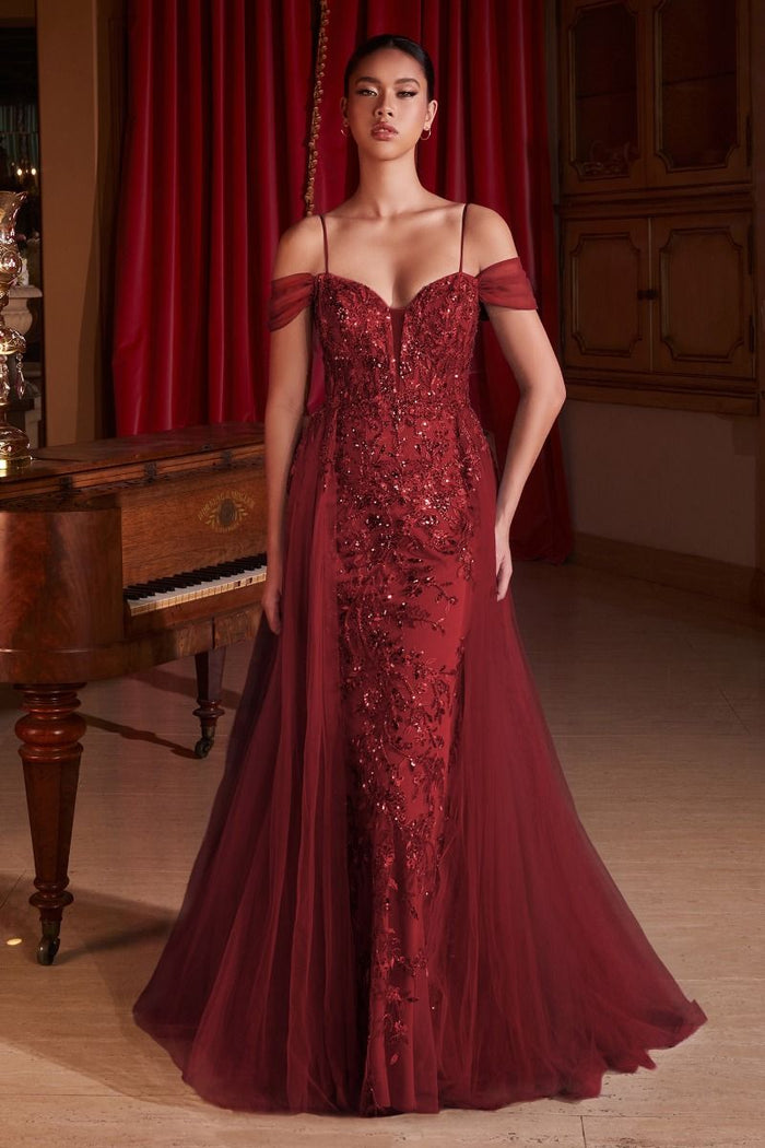 Prom Dresses Fitted Long Formal Sequin Overskirt Prom Gown Burgundy
