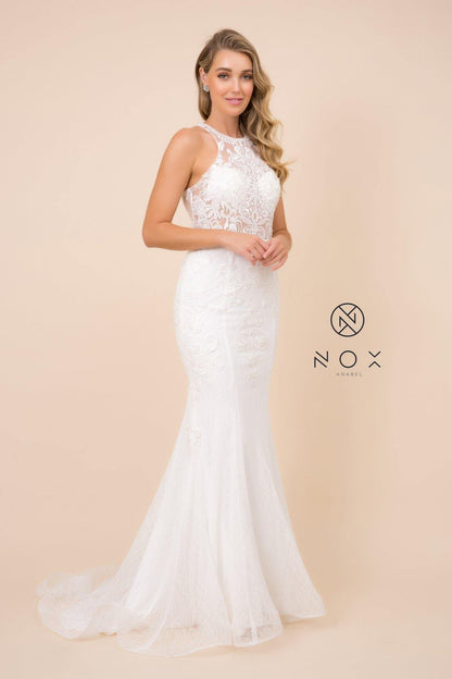 Sheer Lace Applique High Neck Wedding Dress - The Dress Outlet Nox Anabel