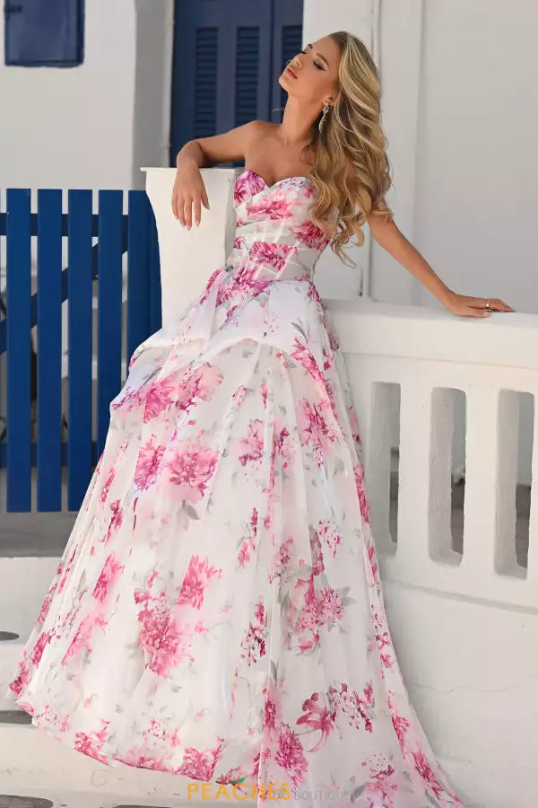 White/Pink Sweetheart Floor-Length Organza Floral Prom Dress Ruched Corset Bodice Portia & Scarlett PS26083