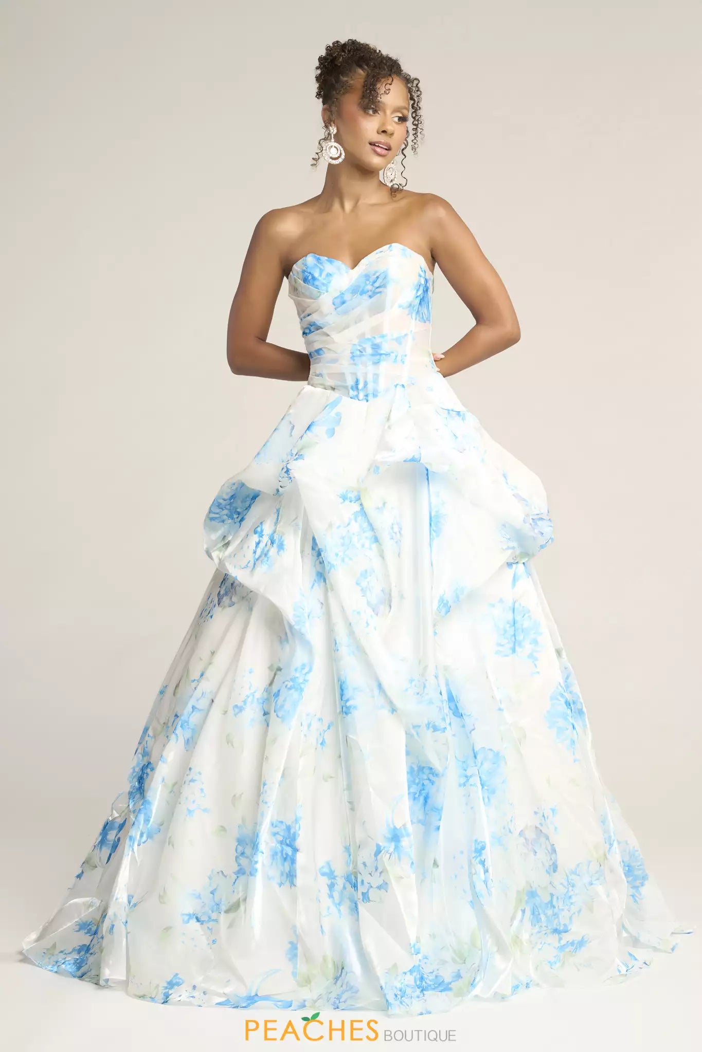 White/Soft Blue Sweetheart Floor-Length Organza Floral Prom Dress Ruched Corset Bodice Portia & Scarlett PS26083