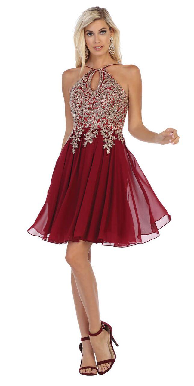 Short Chiffon Halter Top with Keyhole Neck Prom Dress - The Dress Outlet May Queen