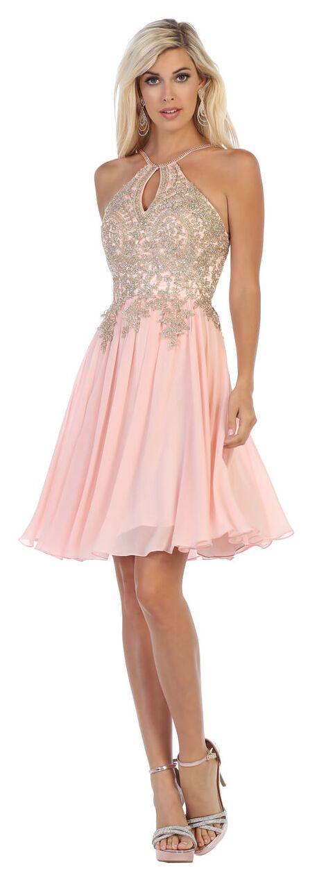 Short Chiffon Halter Top with Keyhole Neck Prom Dress - The Dress Outlet May Queen