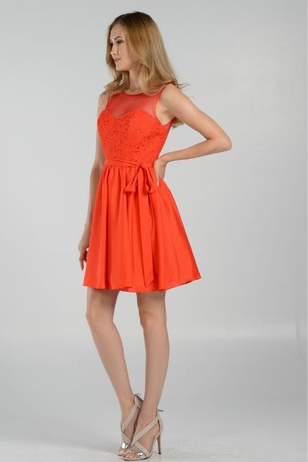 Red Illusion Scoop Neck Mini Chiffon Cocktail Dress Lace Bodice Poly USA 7500