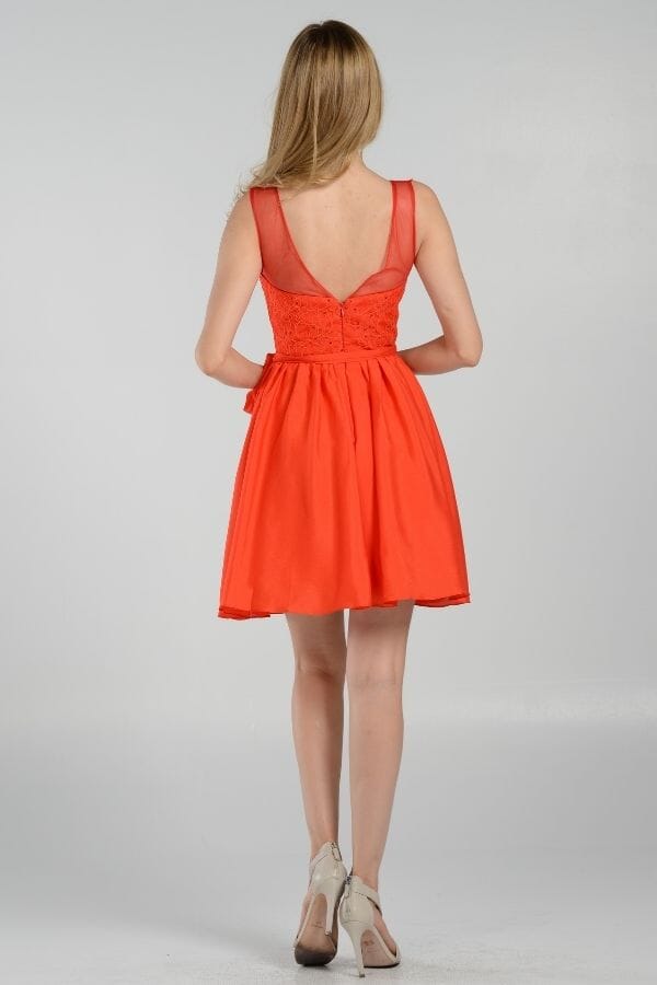 Red Illusion Scoop Neck Mini Chiffon Cocktail Dress Lace Bodice Poly USA 7500