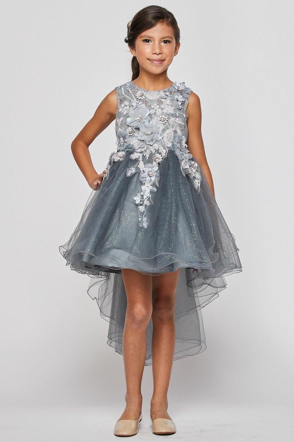 Silver Short High Low Floral and Tulle Flower Girls Dress Formal
