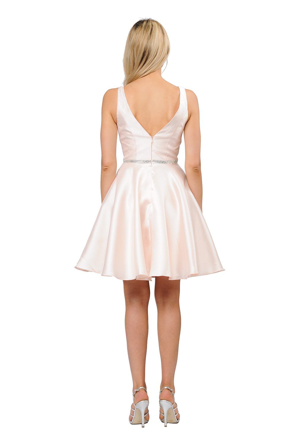 Light Champagne Plunging V-Neck Mini Satin Homecoming Dress Rhinestone Belt Poly USA 7894