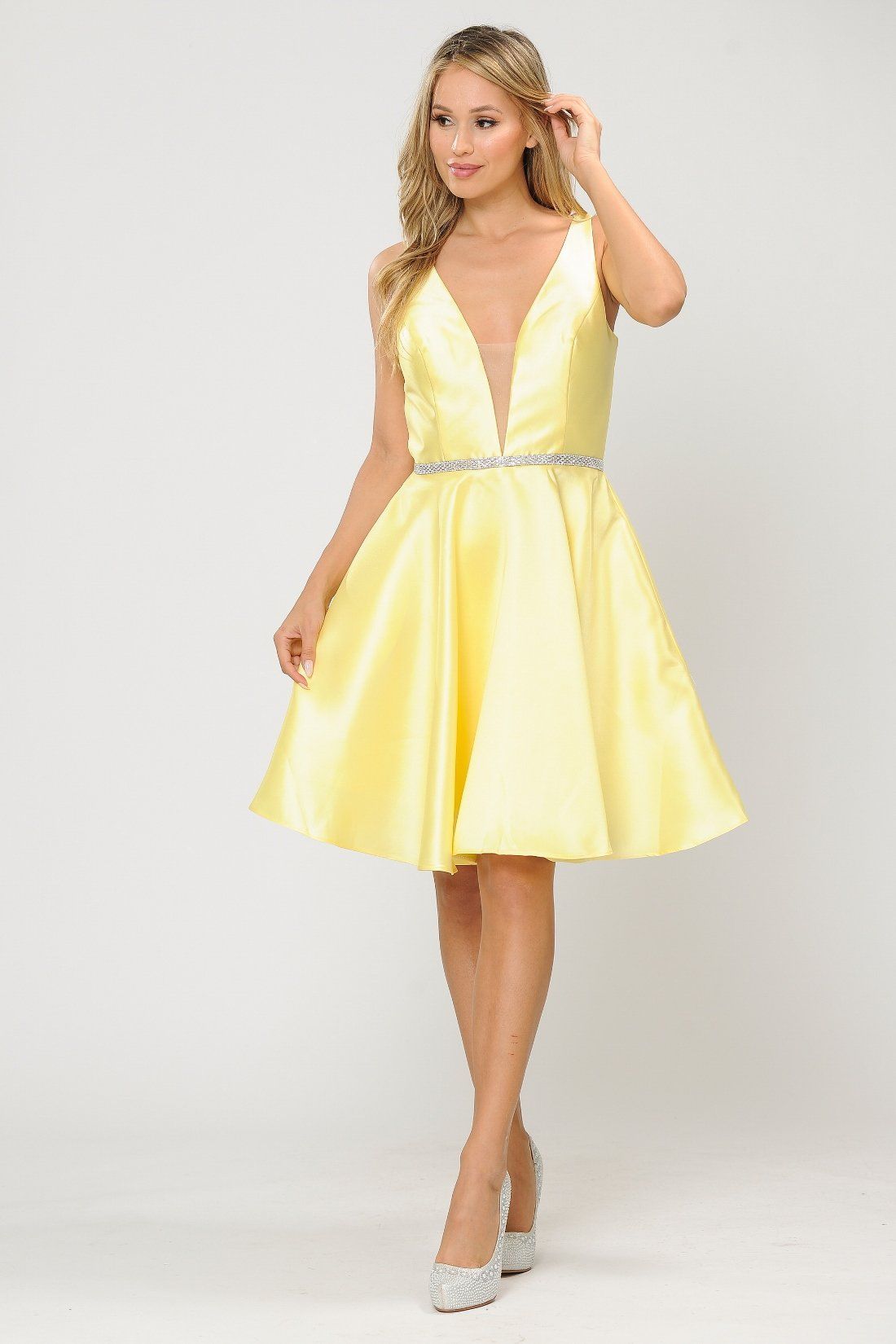 Yellow Plunging V-Neck Mini Satin Homecoming Dress Rhinestone Belt Poly USA 7894