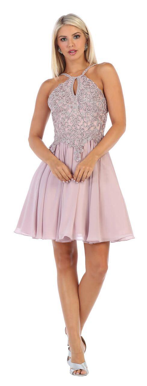 Short Keyhole Halter Neck Chiffon Prom Dress - The Dress Outlet May Queen