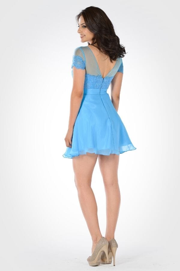 Blue Illusion Neckline Mini Lace and Chiffon Homecoming Dress Short Sleeves Poly USA PL7518