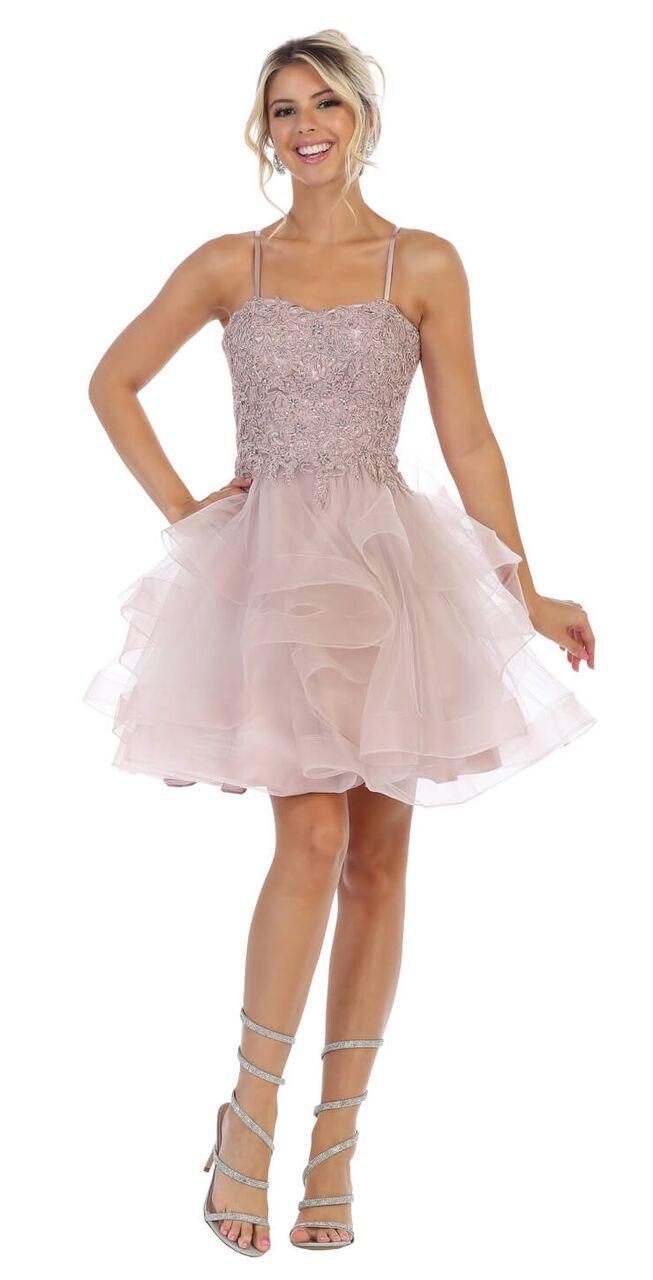 Short Prom Graduation Strap Dress with Ruffled Skirt - The Dress Outlet May Queen