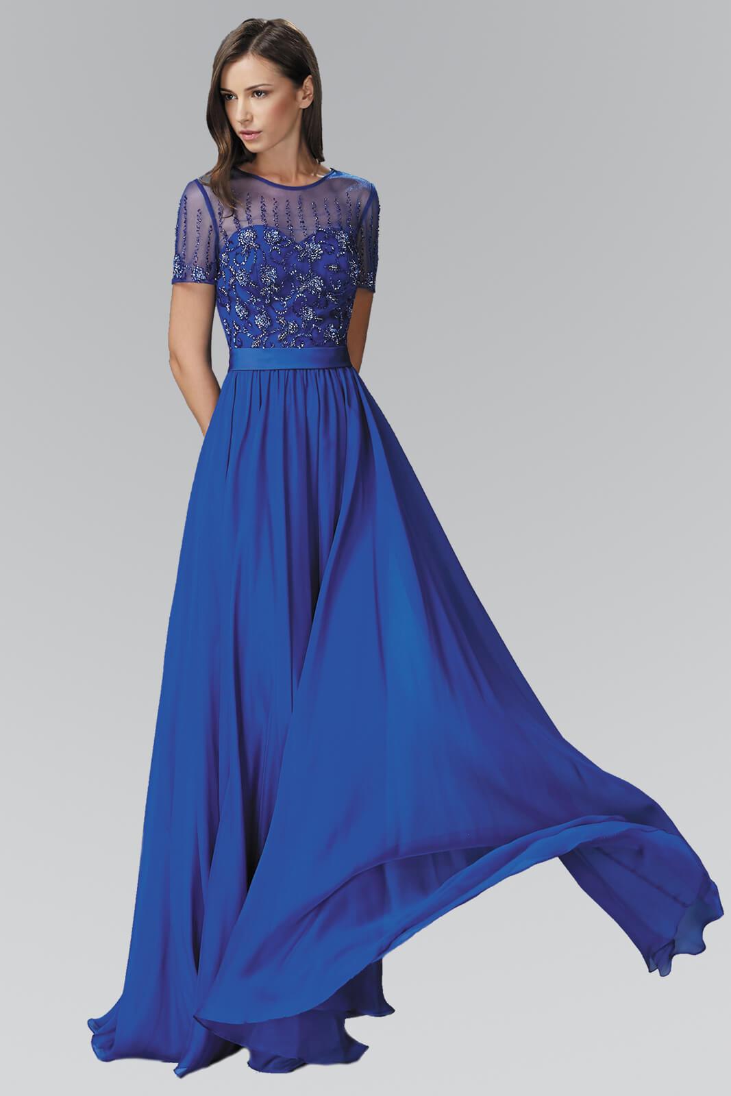 Black Short Sleeve Chiffon Long PromDress Formal