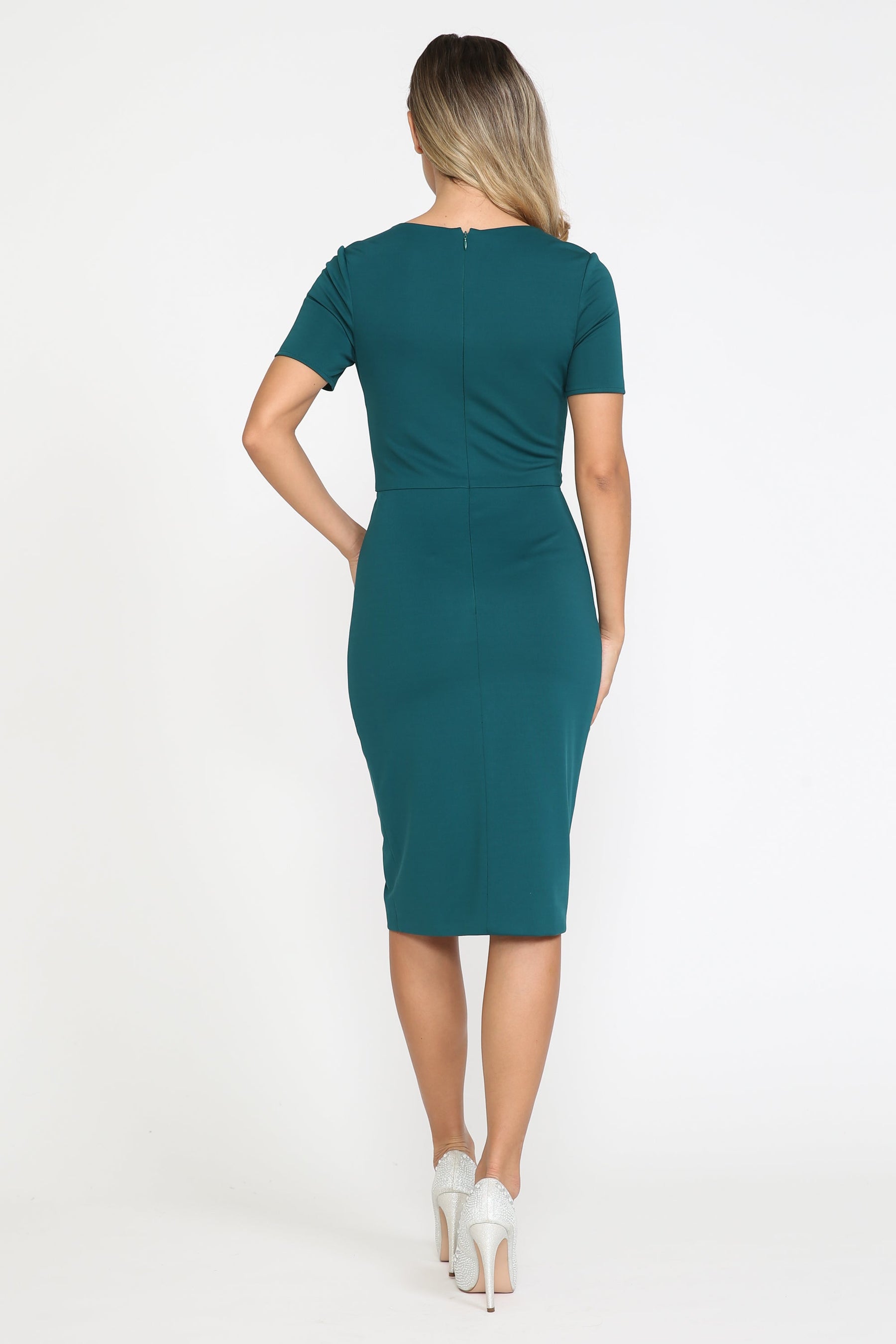 Green Bateau Knee-Length Scuba Cocktail Sheath Dress with Tie-Waist and Short Sleeves Poly USA 8524
