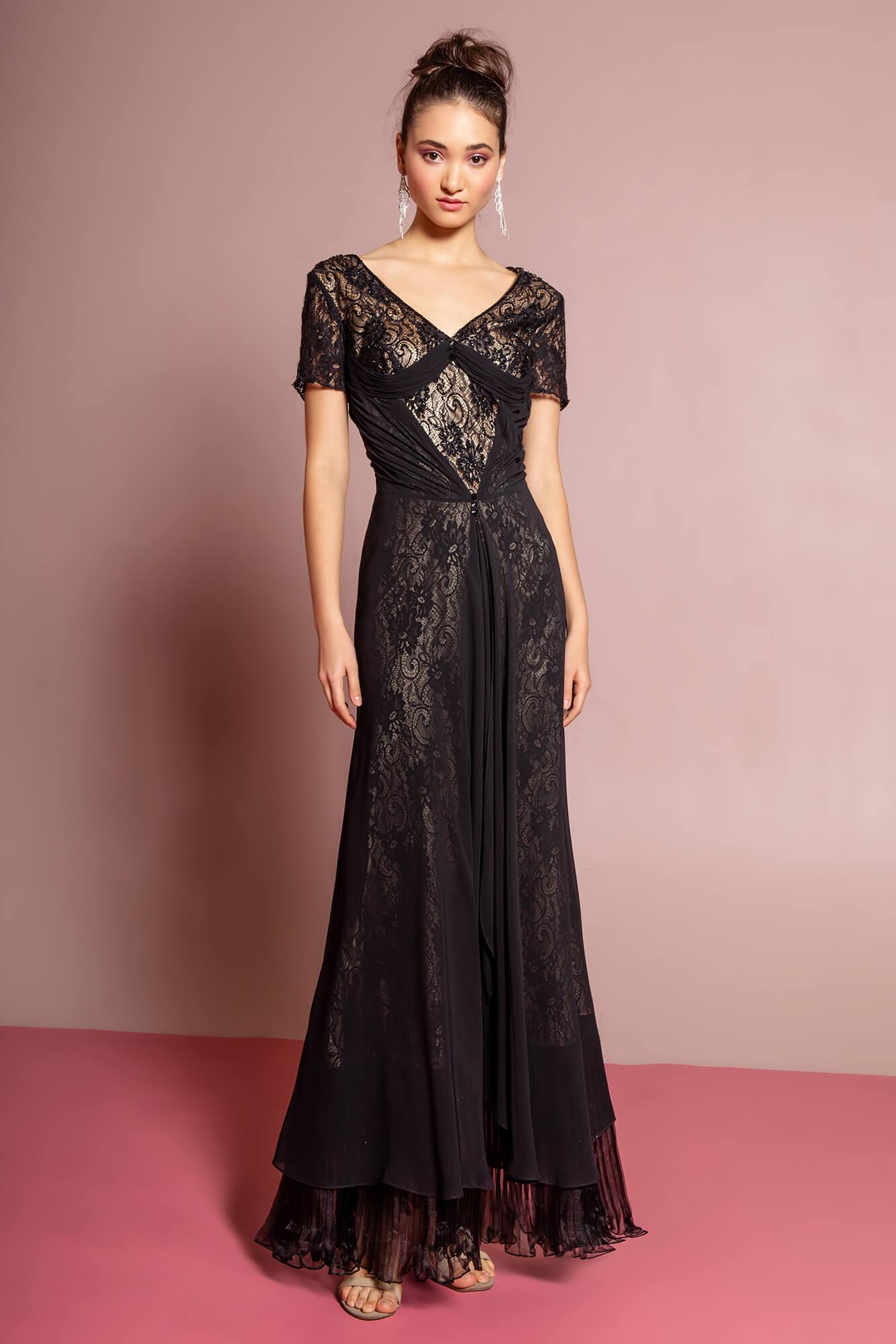 Short Sleeve Lace Embellished V-Neck Long Dress - The Dress Outlet Elizabeth K