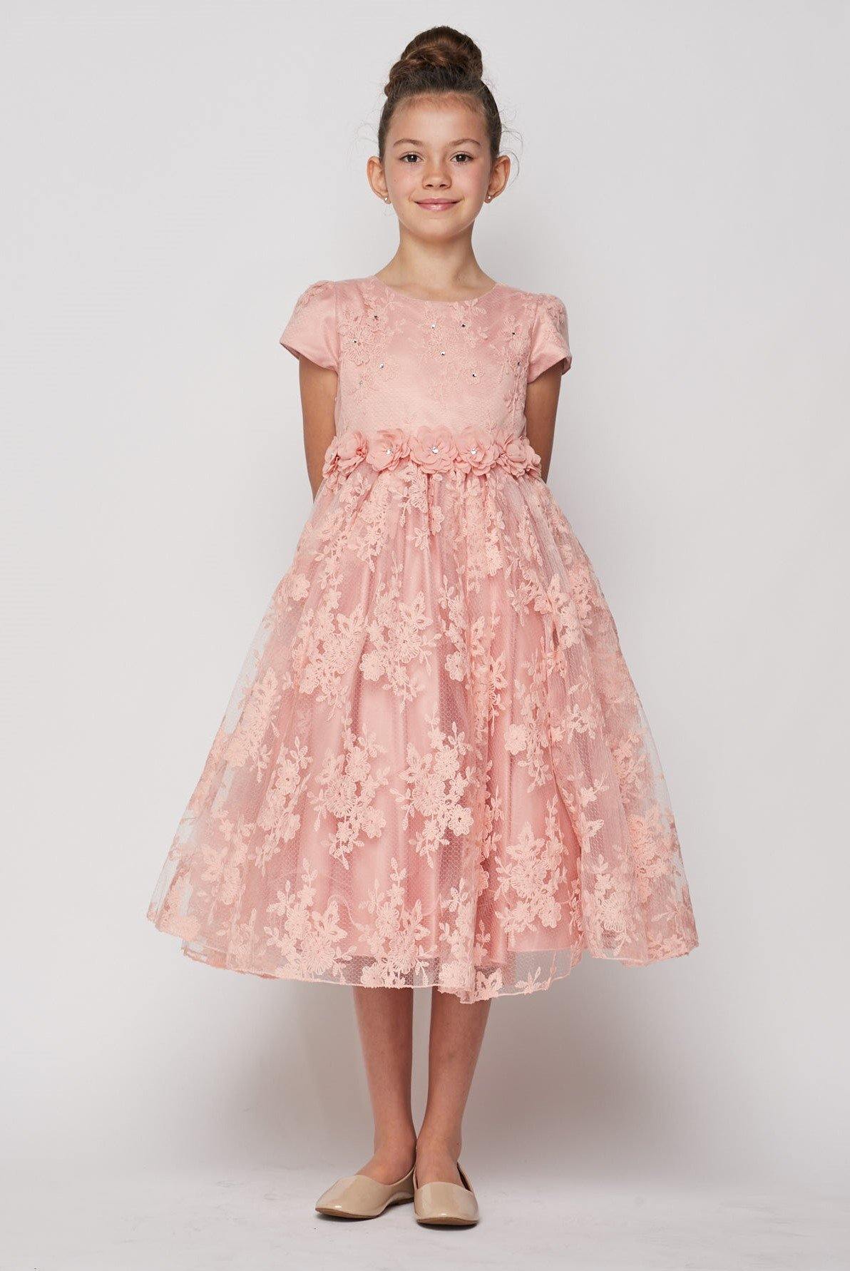 Dusty Pink Short Sleeved Lace Flower Girls Dress Formal Dresses