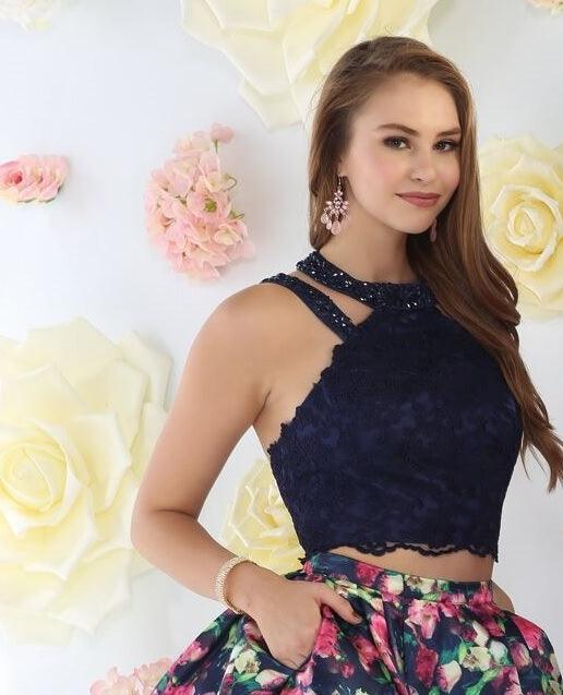 Short Two Piece Set Floral Print Prom Dress - The Dress Outlet May Queen