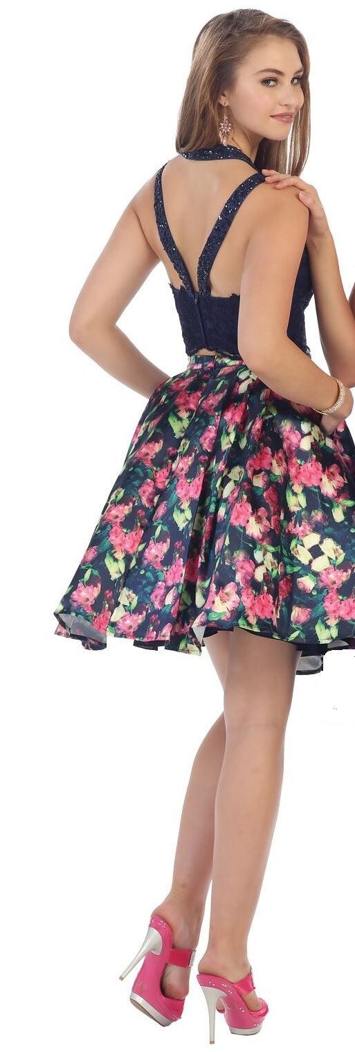 Short Two Piece Set Floral Print Prom Dress - The Dress Outlet May Queen