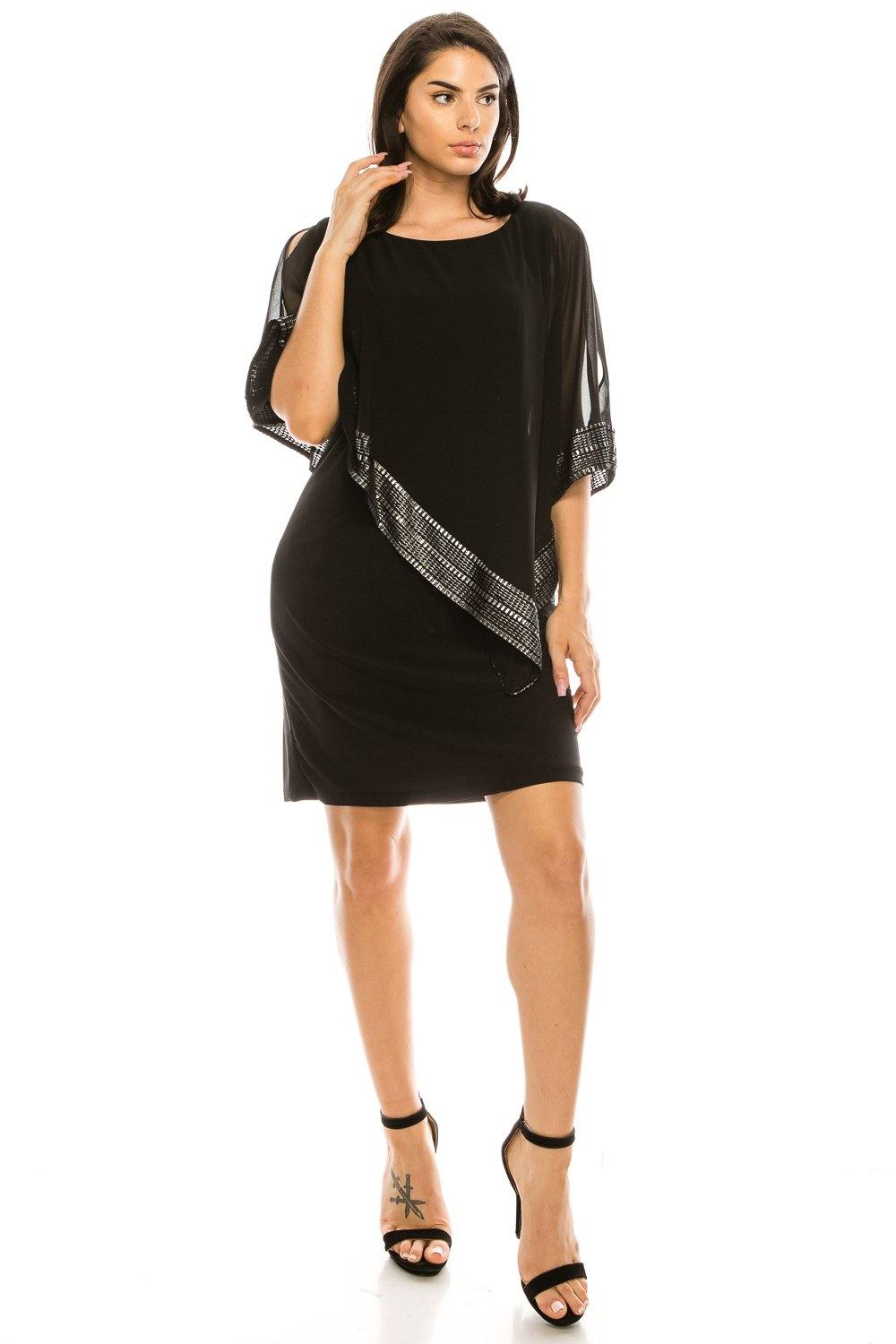 Black Silver SL Fashions 111176 Short Cocktail Chiffon Cape Dress