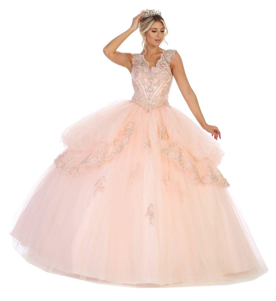 Sweet 16 Long Cap Sleeve Quinceanera Dress - The Dress Outlet May Queen