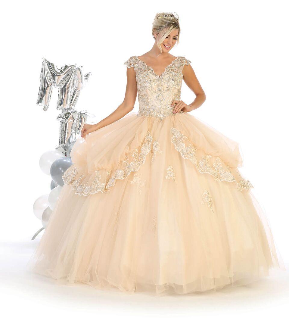 Sweet 16 Long Cap Sleeve Quinceanera Dress - The Dress Outlet May Queen