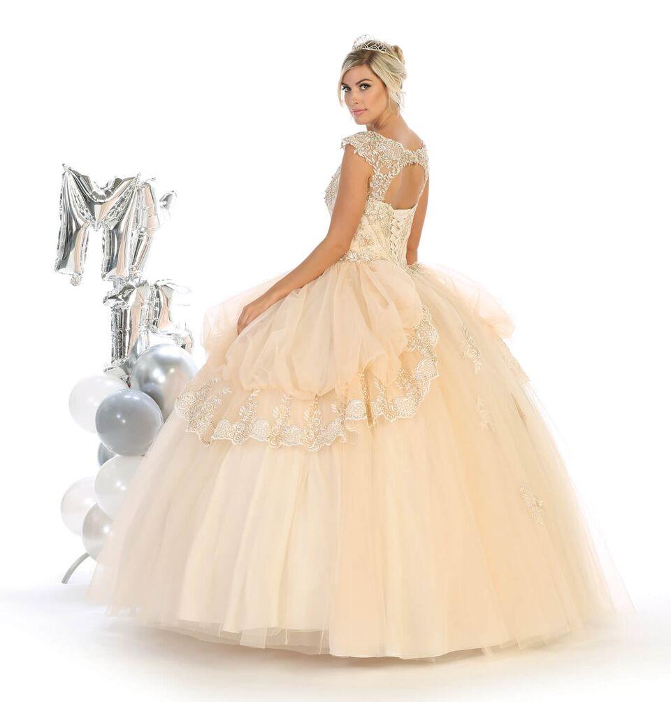 Sweet 16 Long Cap Sleeve Quinceanera Dress - The Dress Outlet May Queen