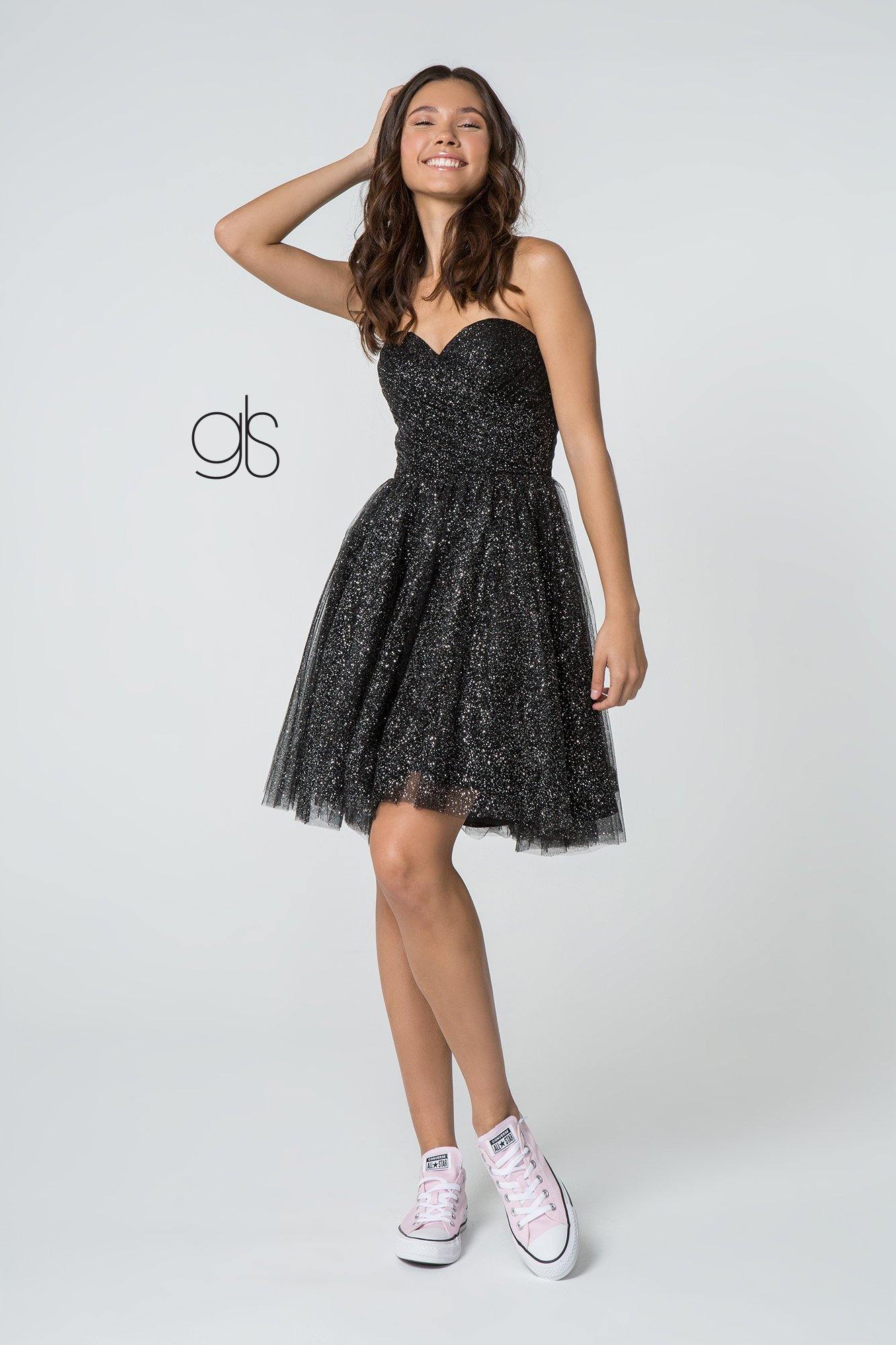 Black Sweetheart Neckline Multi Layered Glitter Mesh Short Dress for 89.99 The Dress Outlet