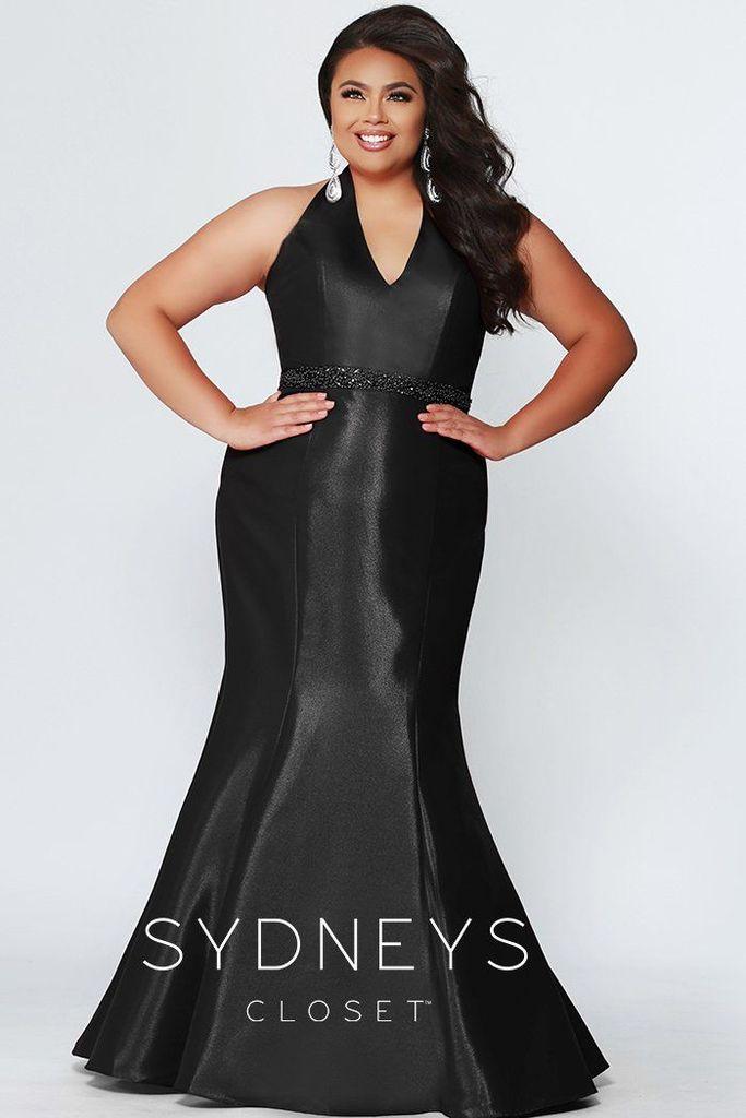 Sydneys Closet Long Satin V-Neck Plus Size Mermaid Prom Dress - The Dress Outlet Sydneys Closet