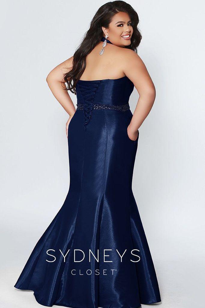 Sydneys Closet Long Satin V-Neck Plus Size Mermaid Prom Dress - The Dress Outlet Sydneys Closet