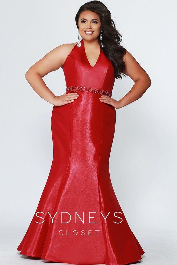 Sydneys Closet Long Satin V-Neck Plus Size Mermaid Prom Dress - The Dress Outlet Sydneys Closet