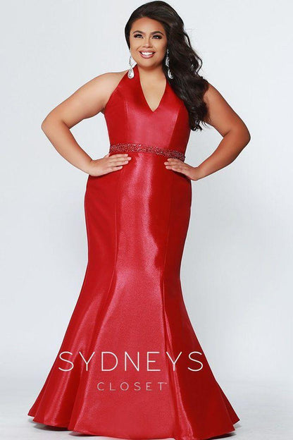 Sydneys Closet Long Satin V-Neck Plus Size Mermaid Prom Dress - The Dress Outlet Sydneys Closet