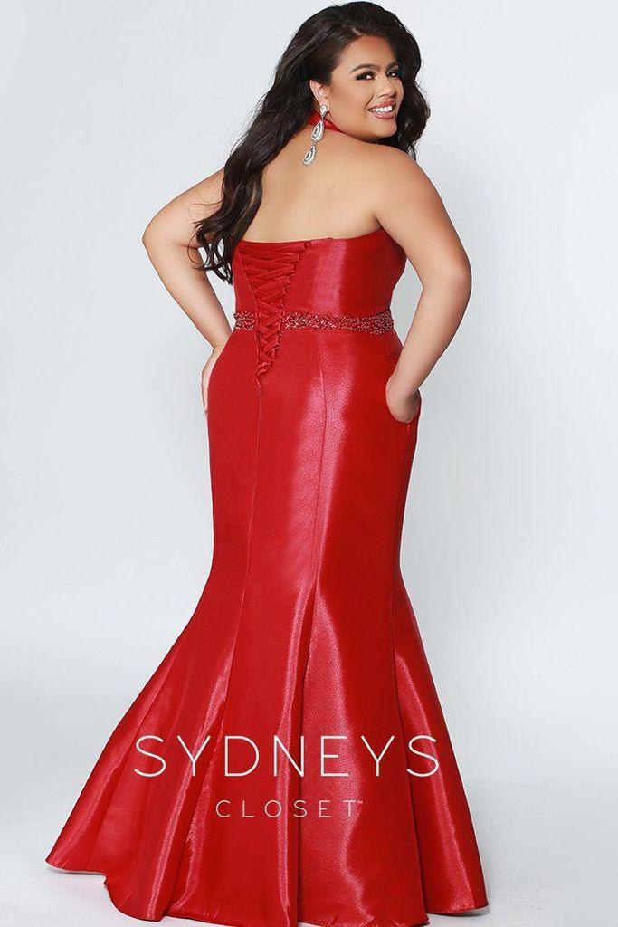 Sydneys Closet Long Satin V-Neck Plus Size Mermaid Prom Dress - The Dress Outlet Sydneys Closet