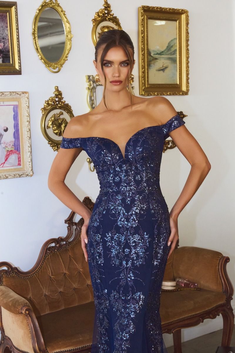 Prom Dresses Formal Long Prom Glitter Print Fitted Dress Navy