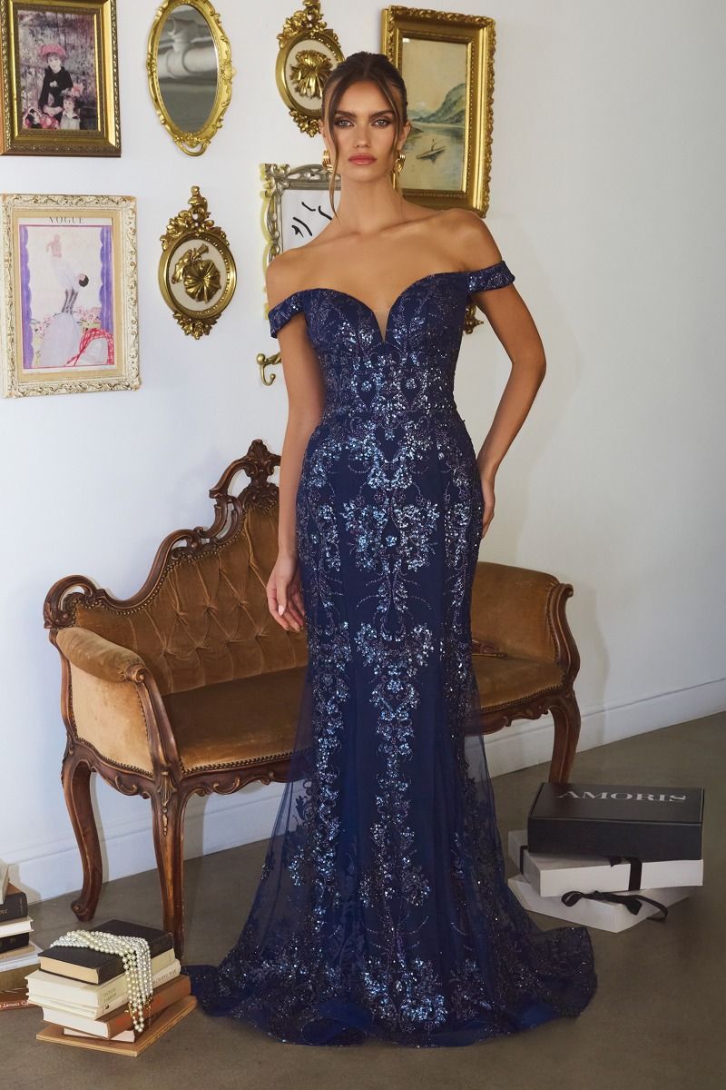 Prom Dresses Formal Long Prom Glitter Print Fitted Dress Navy