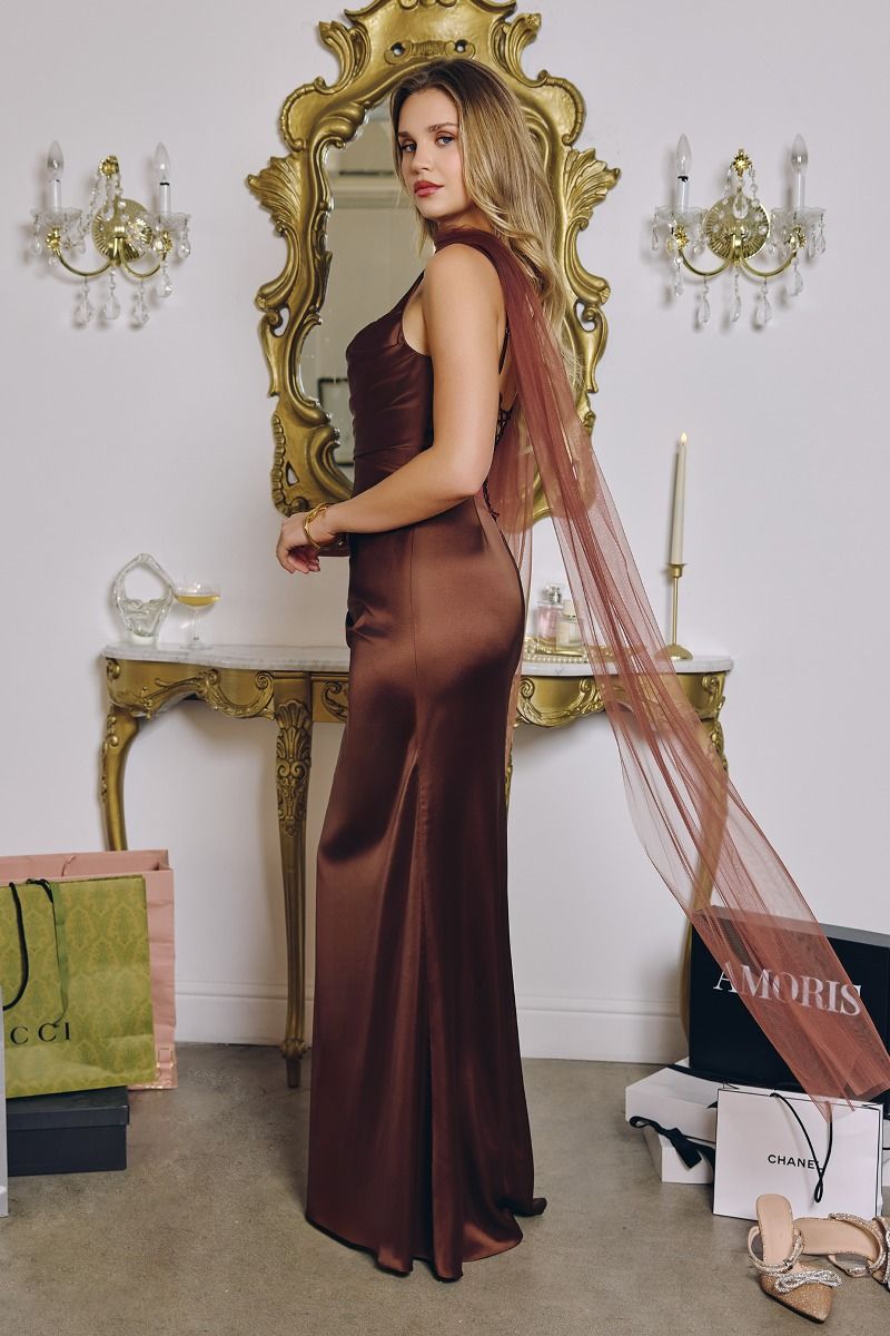 Formal Dresses Long Fitted Formal Prom Dress Amoris T729 Espresso