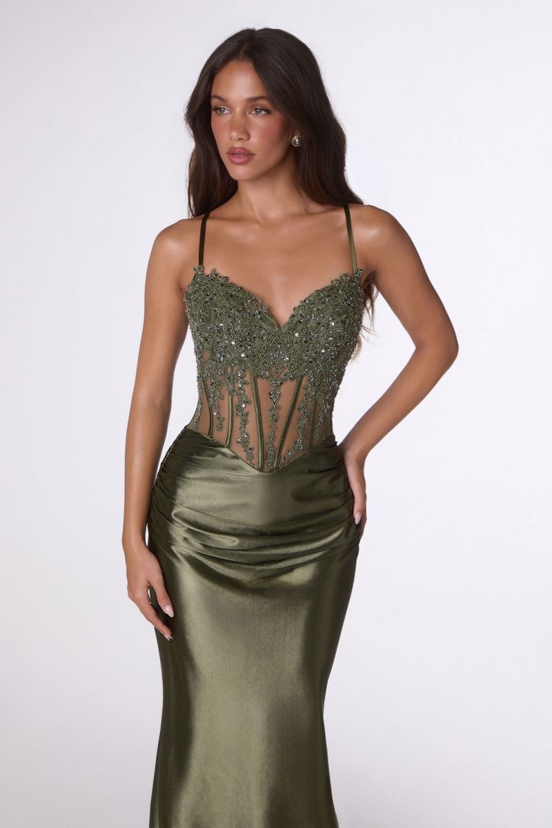 Prom Dresses Long Formal Lace Applique Corset Prom Dress Olive