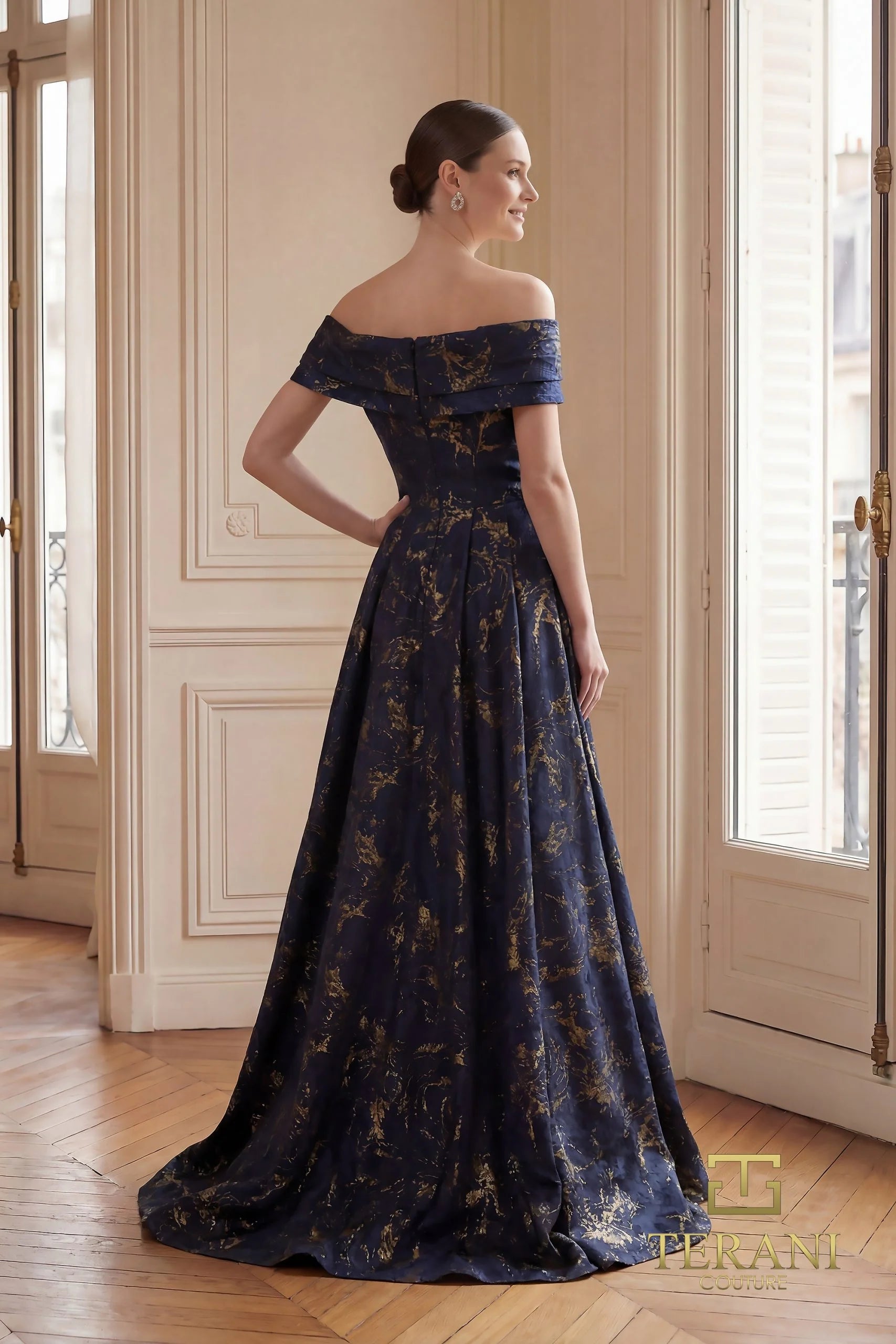 Formal Dresses Fitted Long Formal Evening Dress Navy Gold-Jacquard-261M6444-Floral