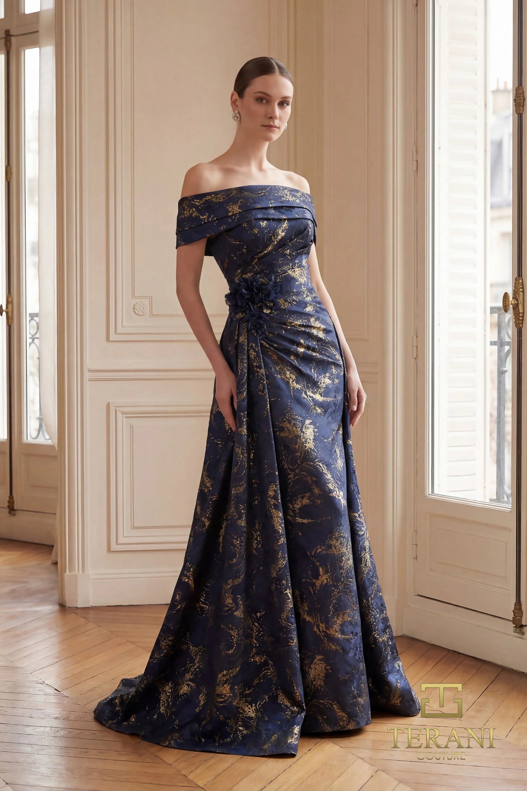 Formal Dresses Fitted Long Formal Evening Dress Navy Gold-Jacquard-261M6444-Floral