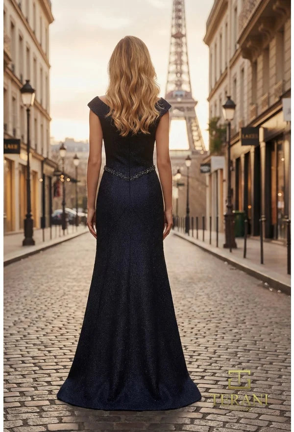 Mother of the Bride Dresses Metallic Long Formal Mother of the Bride Dress Navy-Jacquard-261M6450-Fitted