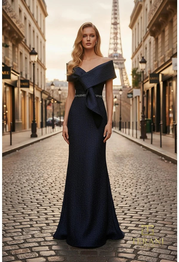 Mother of the Bride Dresses Metallic Long Formal Mother of the Bride Dress Navy-Jacquard-261M6450-Fitted