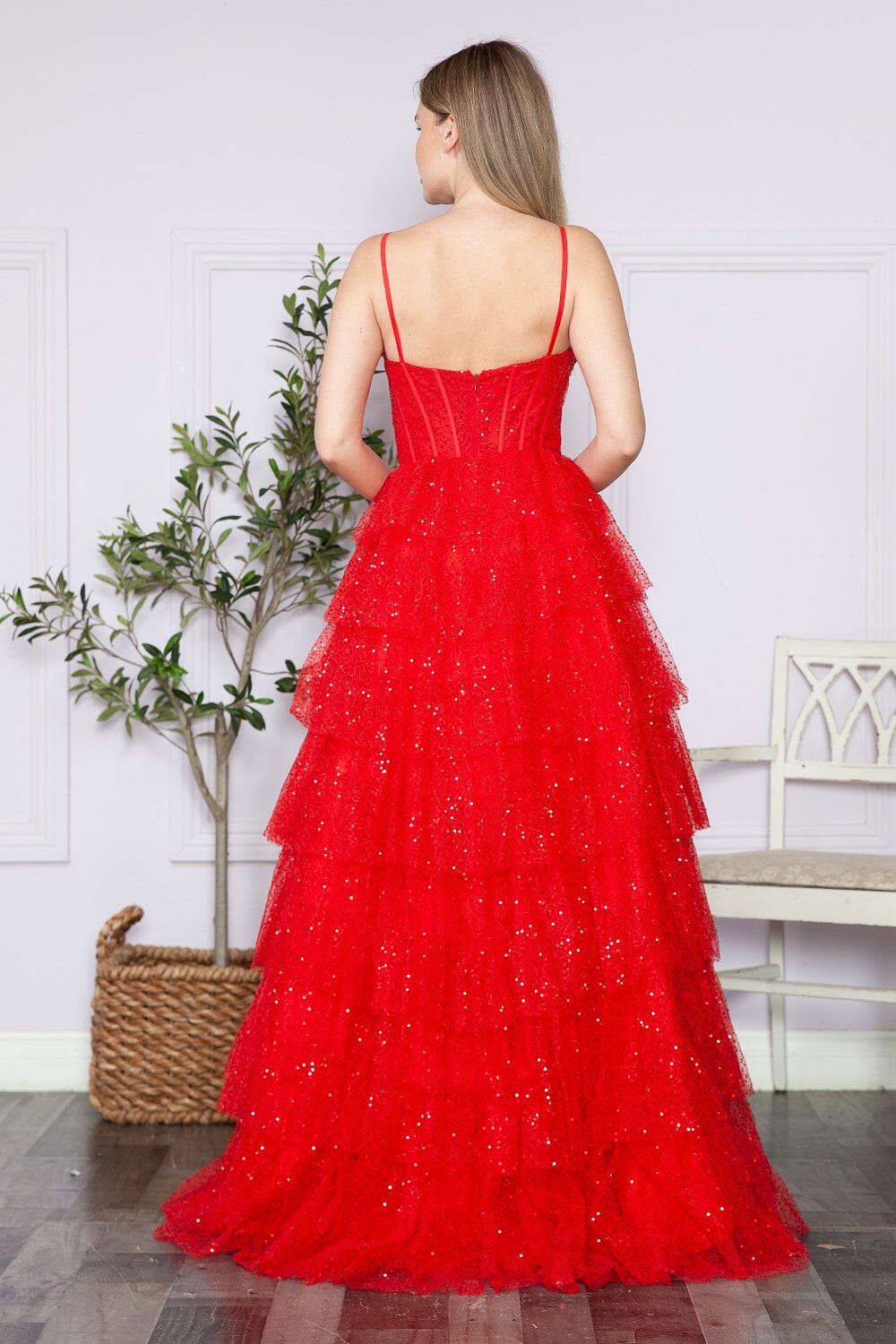 Red Sweetheart Floor Length Sequin Tulle Prom Dress with Tiered Skirt Formal Gown Poly USA 9328