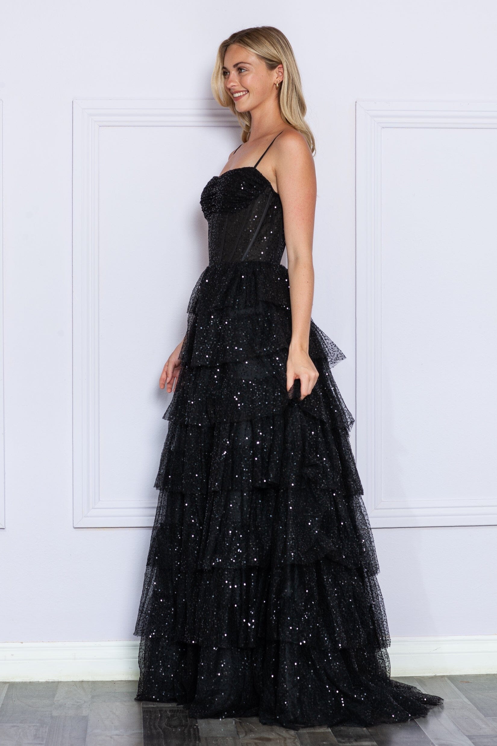 Black Sweetheart Floor Length Sequin Tulle Prom Dress with Tiered Skirt Formal Gown Poly USA 9328