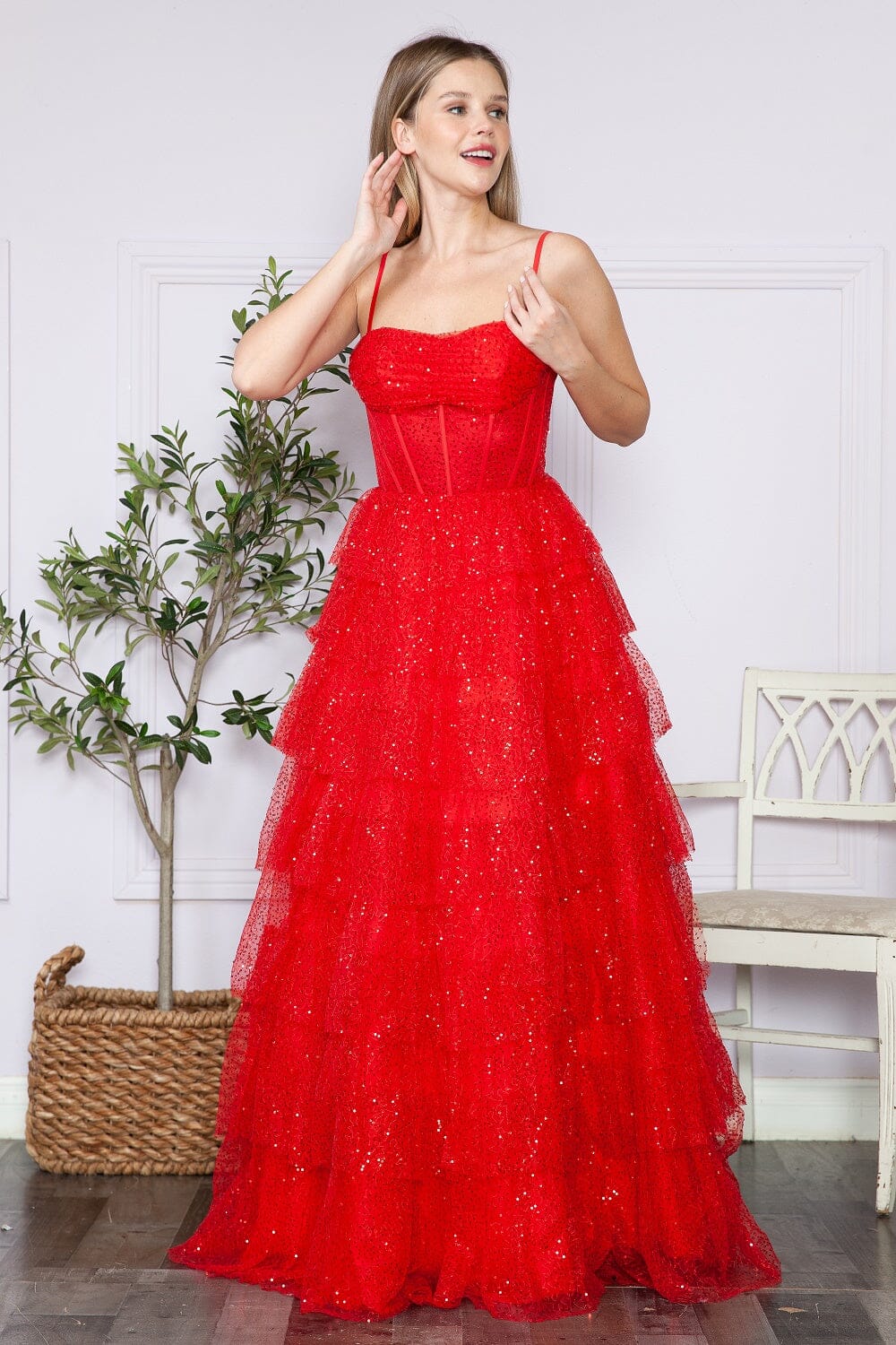Red Sweetheart Floor Length Sequin Tulle Prom Dress with Tiered Skirt Formal Gown Poly USA 9328