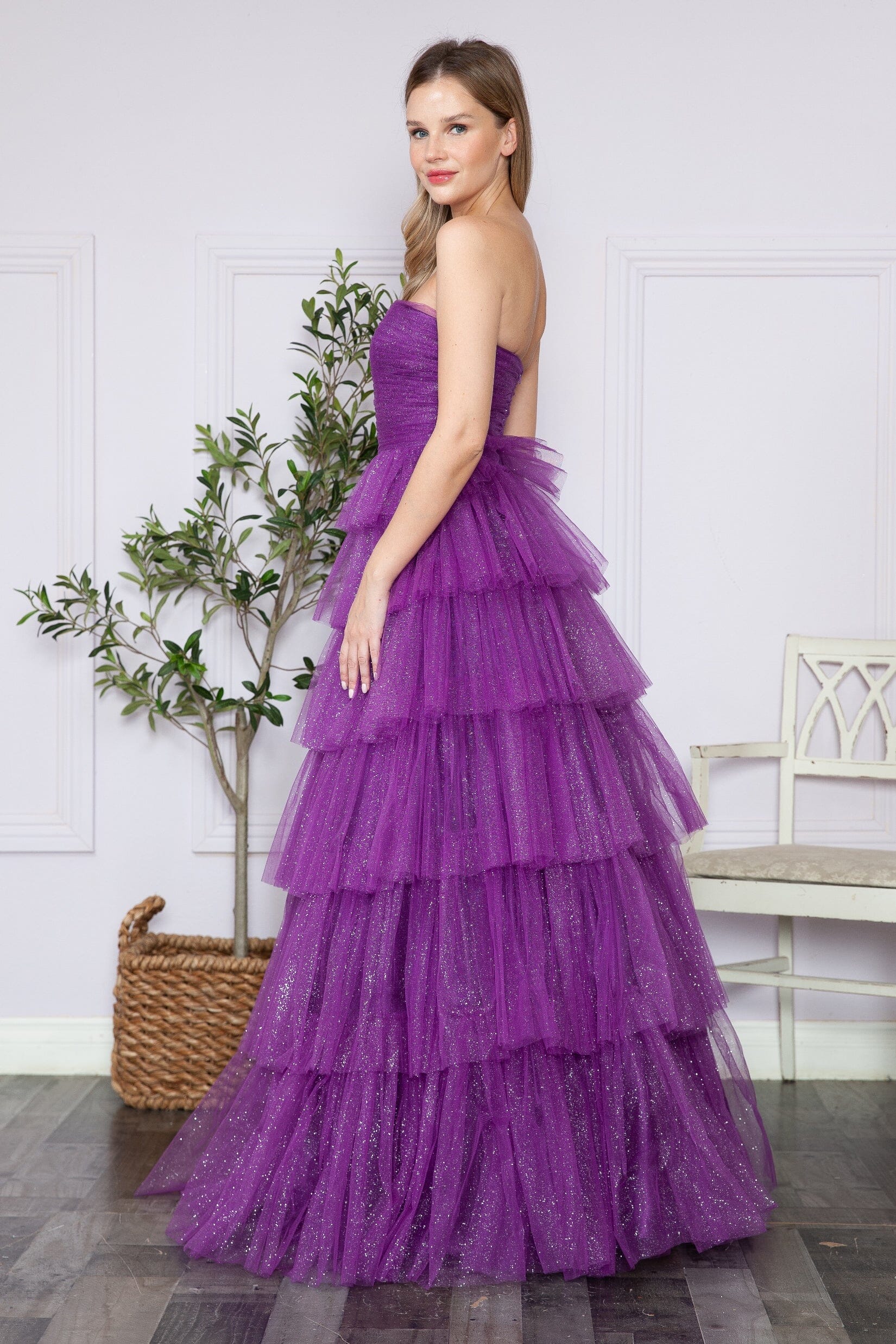 Purple Strapless Floor Length Glitter Tulle Prom Gown with Tiered Skirt Formal Dress Poly USA 9386