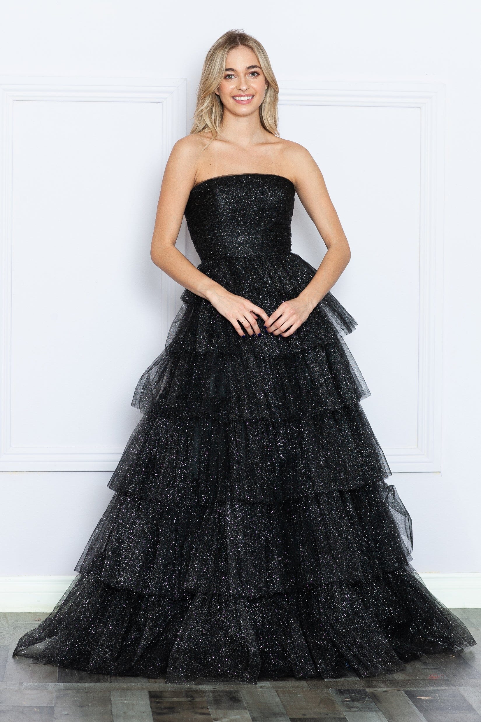 Black Strapless Floor Length Glitter Tulle Prom Gown with Tiered Skirt Formal Dress Poly USA 9386