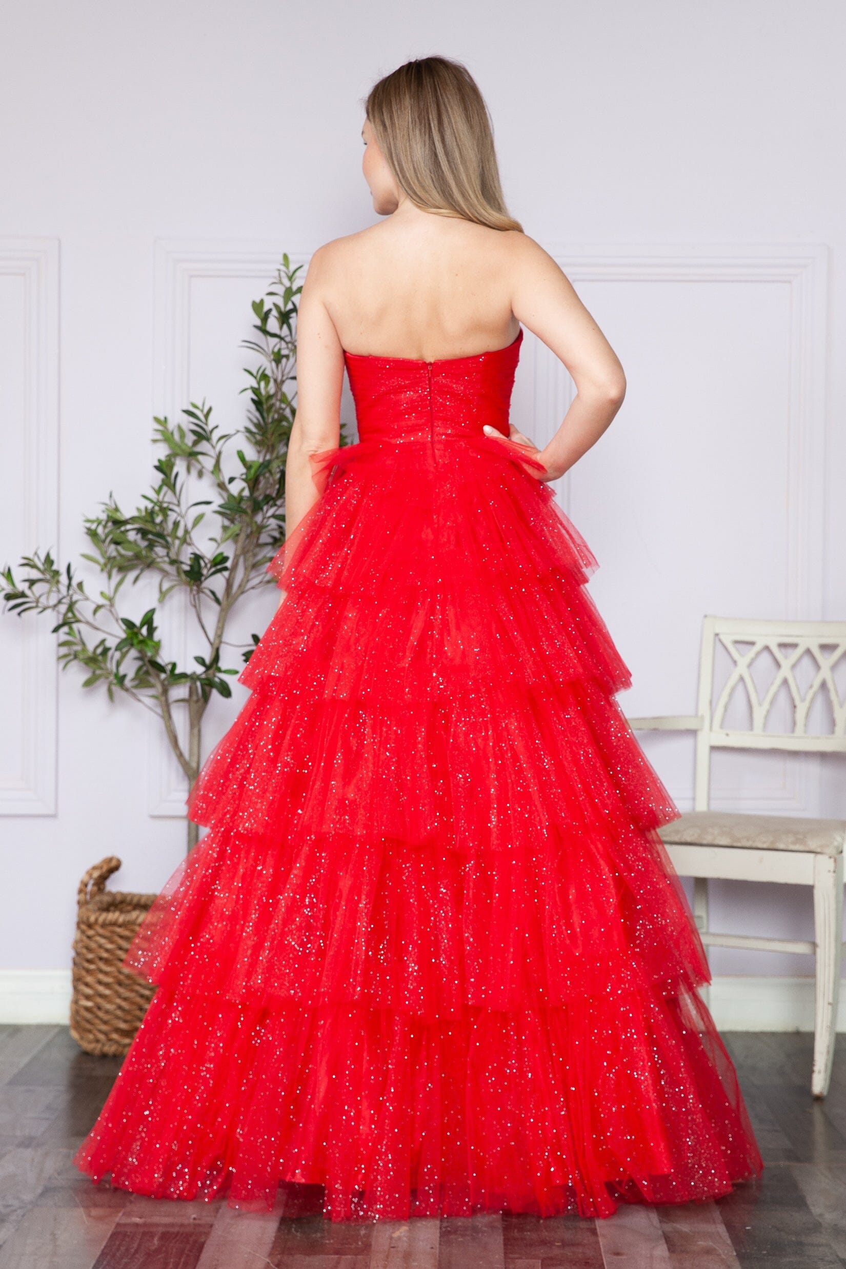 Red Strapless Floor Length Glitter Tulle Prom Gown with Tiered Skirt Formal Dress Poly USA 9386