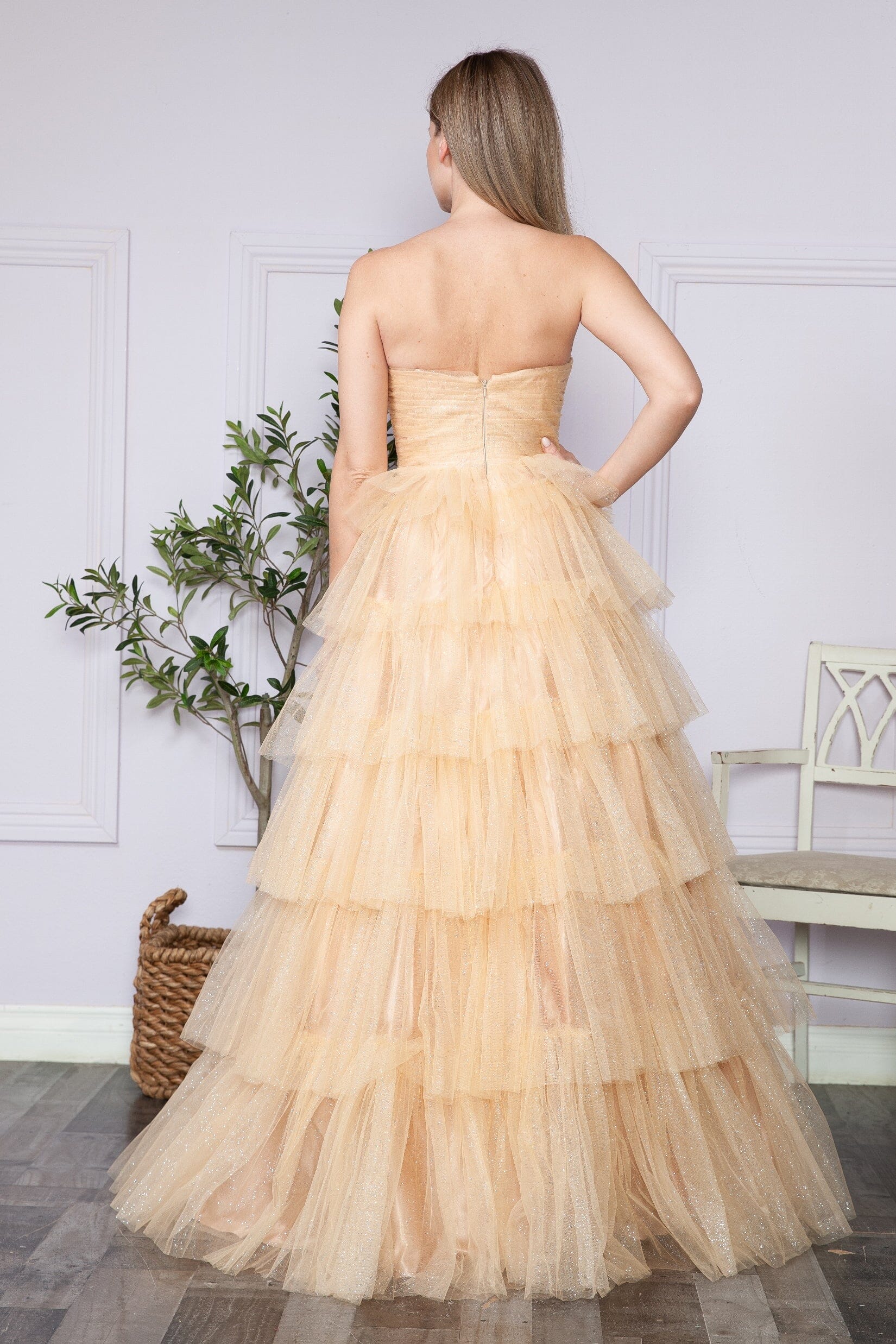 Champagne Strapless Floor Length Glitter Tulle Prom Gown with Tiered Skirt Formal Dress Poly USA 9386