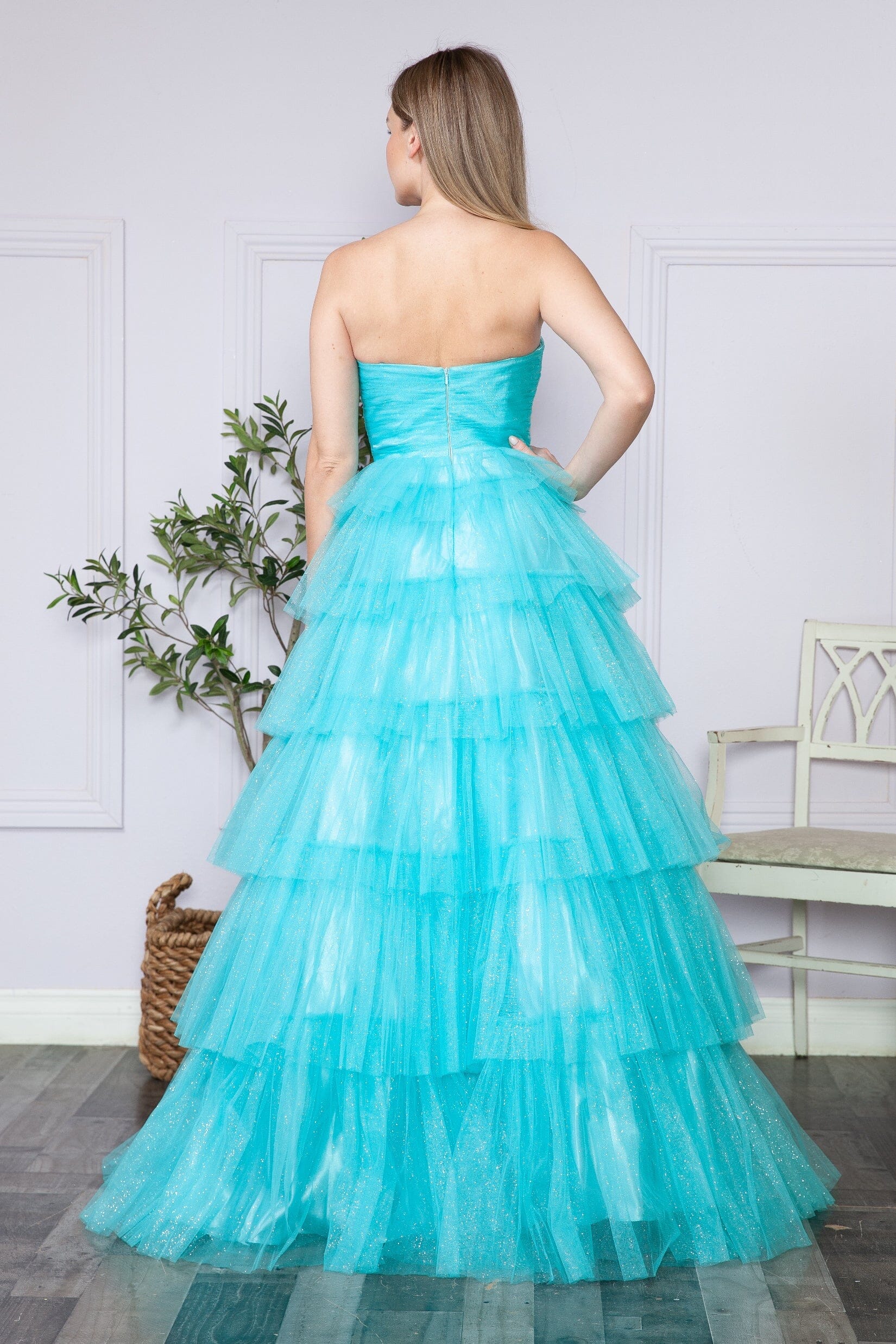 Aqua Blue Strapless Floor Length Glitter Tulle Prom Gown with Tiered Skirt Formal Dress Poly USA 9386