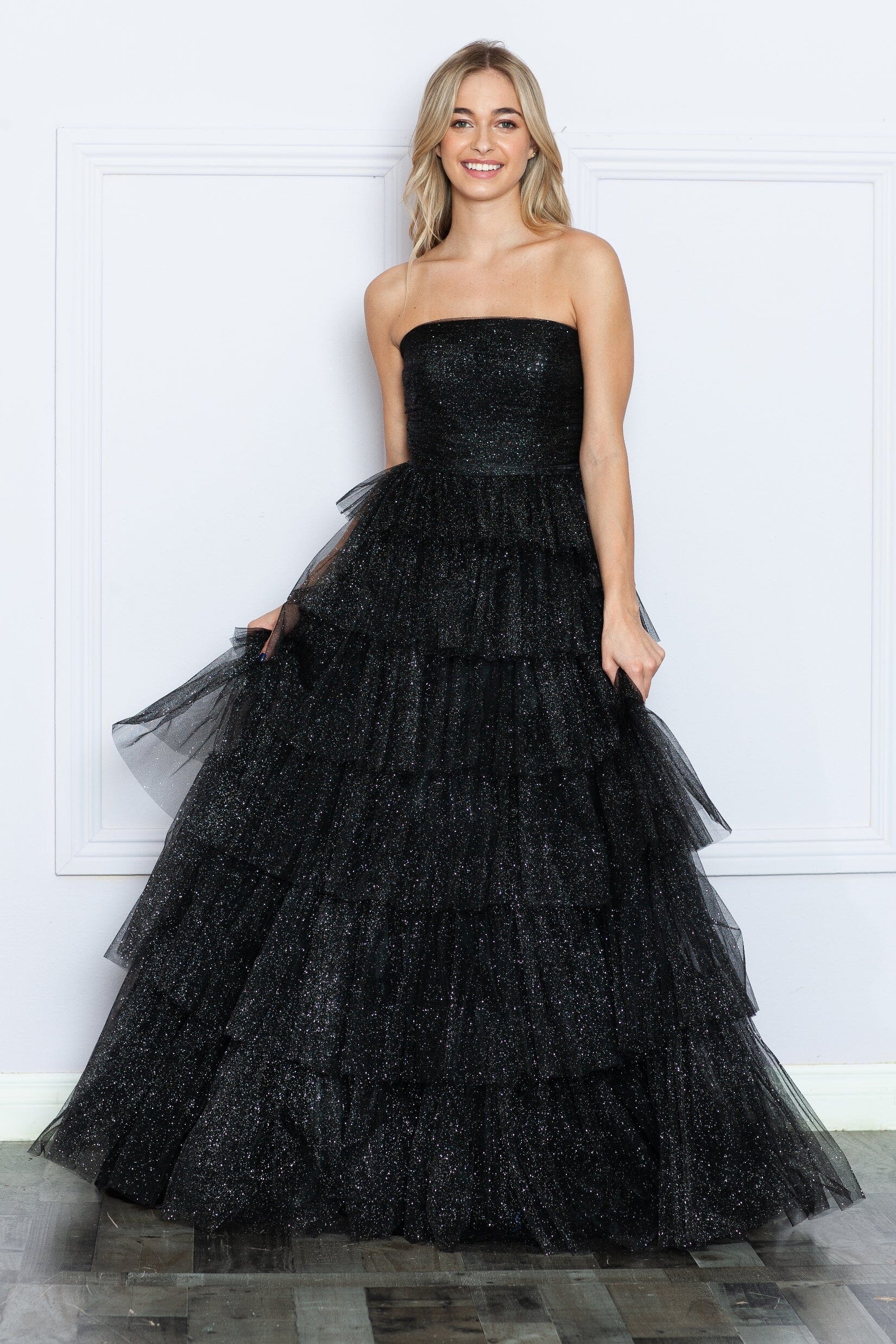 Black Strapless Floor Length Glitter Tulle Prom Gown with Tiered Skirt Formal Dress Poly USA 9386
