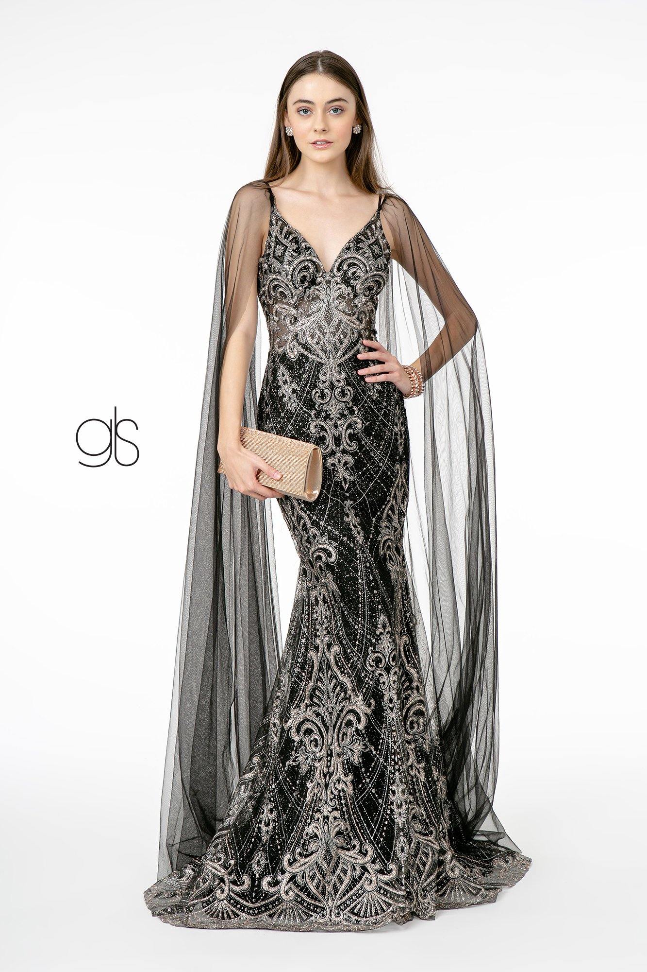 V-Neck Gliiter Embellished Mesh Long Dress - The Dress Outlet