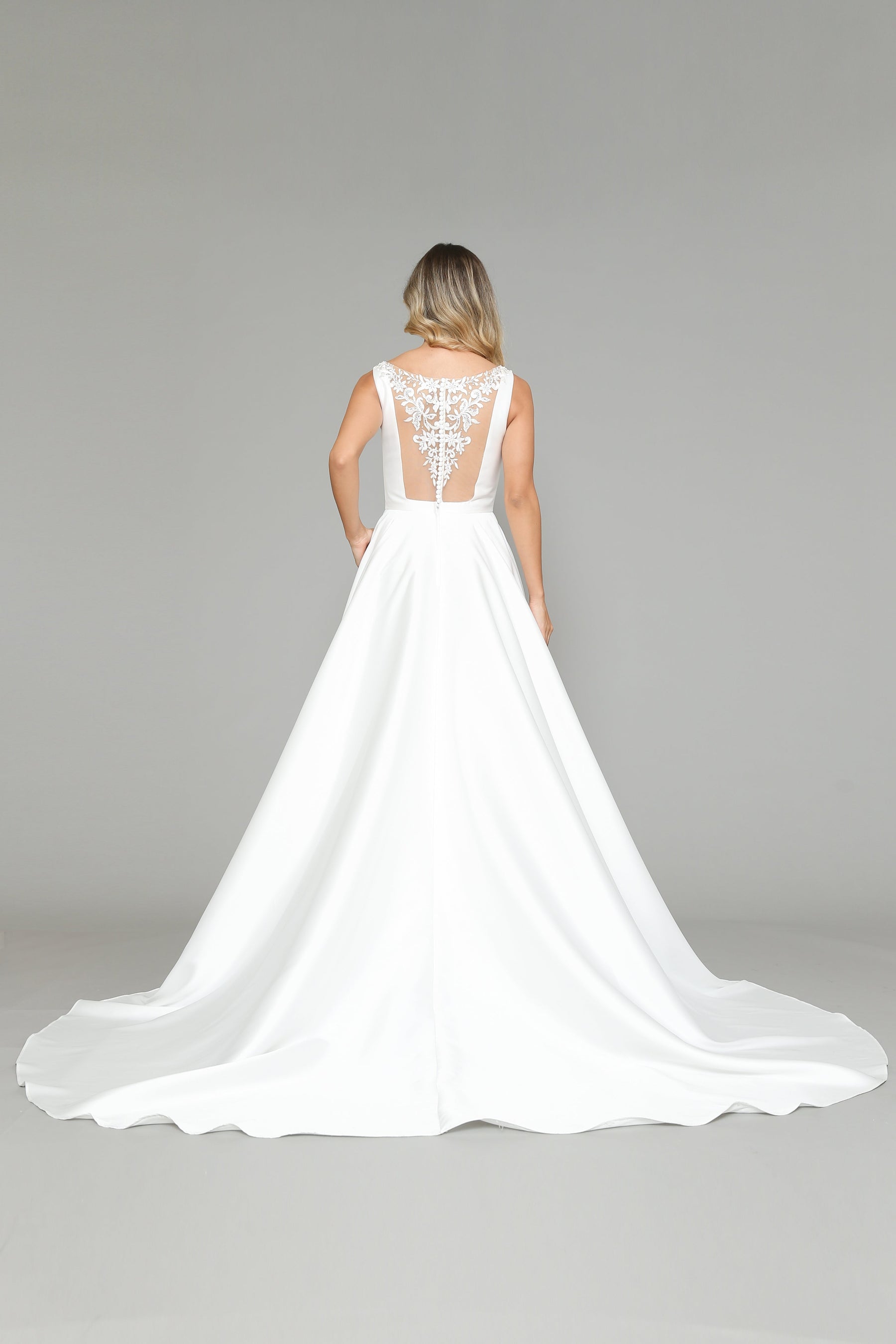 Off White V Neck Floor Length Satin Wedding Dress with Sweep Train Button Up Back Dress Poly USA 8582