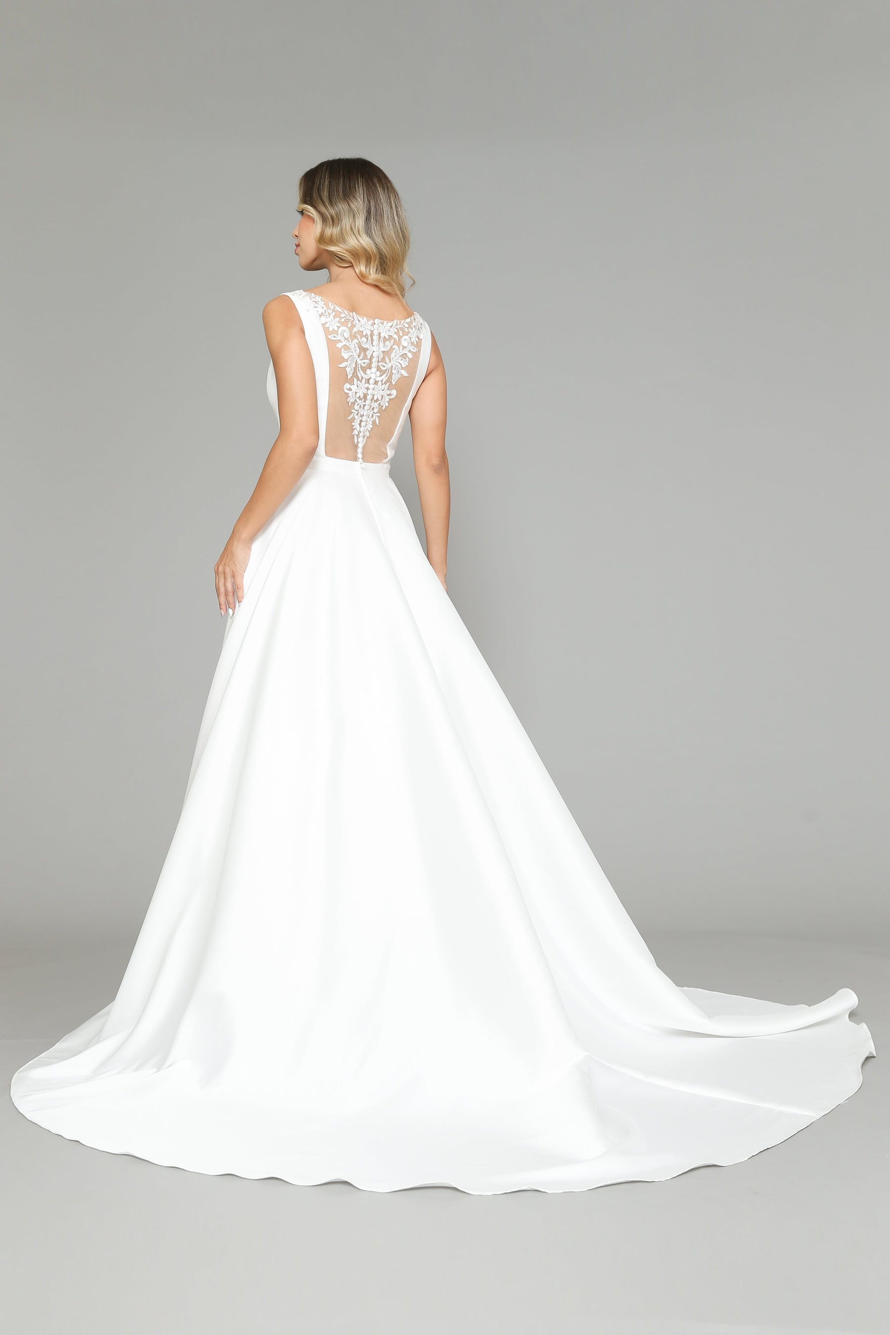 Off White V Neck Floor Length Satin Wedding Dress with Sweep Train Button Up Back Dress Poly USA 8582